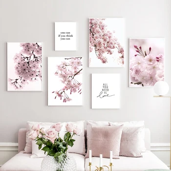 Cseresznyevirágok Rózsaszín virágfal Művészet Északi plakátok és nyomatok Idézetek Vászonfestés Fali képek a nappalihoz Lakberendezés