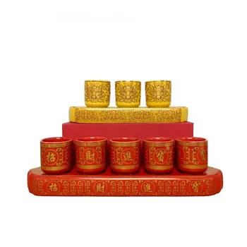 3 Oltárpohár készlet/5 Oltárpohár készlet, kerámia szenteltvíz-felajánló pohár, Tibeti buddhista dicsőítő kehely (piros/sárga)