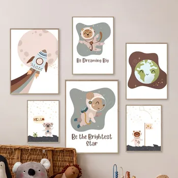 Medve Koala egér macska rakéta A Föld bolygó Világűr Fal Művészet Vászonfestés Plakátok és nyomatok Kép gyerekeknek Szoba dekoráció