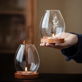 Vintage otthoni szilvavirág átlátszó üveg szélálló gyertyafedél fa gyertyatartóval Könnyű borító Lakberendezés