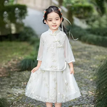 Nyár Új tündér Hanfu 2 részes készlet Gyerekek lány gyerekek Tang öltöny Kínai hagyományos hercegnő ruházat Hanfu újévi jelmez