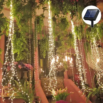 100/200LEDS Napelemes tündér fények vízálló vízesés fa szőlőág húrlámpa rézhuzal kültéri karácsony ünnepi party esküvő