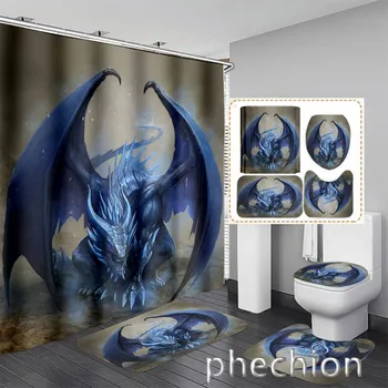 Dragon Art 3D nyomtatás vízálló fürdőszobai zuhany függöny WC-takaró szőnyeg csúszásmentes padlószőnyeg szőnyeg (1/3/4db) W18