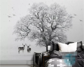 Beibehang Wallpaper északi minimalista fekete-fehér hó nagy fa repülő madár jávorszarvas lakberendezés TV háttér 3d háttérkép