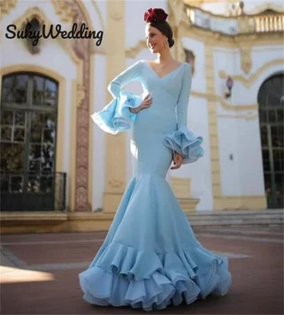 Szexi sellő Flamenco Tánc szalagavató parti ruhák Lépcsőzetes szoknya Hosszú ujjú V nyak Spanyol táncos Nők Estélyi alkalmi ruhák