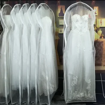 Kétoldalas átlátszó tüll / Voile esküvői menyasszonyi ruha porvédő oldalsó cipzárral otthoni gardrób ruhához Tároló táska