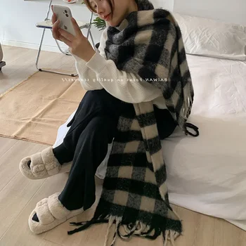 Édes kötött sál női vastag meleg puha puha kényelmes kendő kettős kockás mintás alkalmi stílusú irodai hölgy téli koreai divat T814