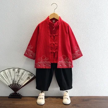 Tavaszi gyerek szett Fiú lányok Hanfu kínai stílusú baba ősi ruházat Hosszú ujjú kabát nadrág Szoknya szett Tang öltöny jelmez