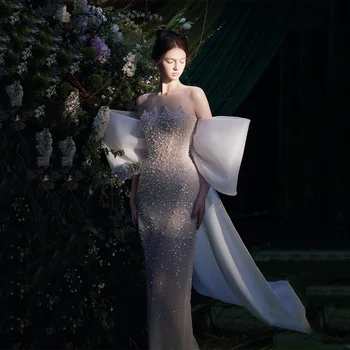 2023 Új luxus fehér csipke vállról levehető estélyi ruhák Nők gyöngyöző nagy masni hosszú formális Cheongsam bankett báli ruha