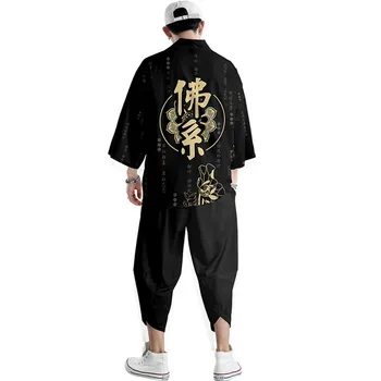 Japán hagyományos ruházat Buddha mintás kimonó nadrág férfi retro Yukata ázsiai divat tang öltöny haradzsuku hanfu yukata dzseki