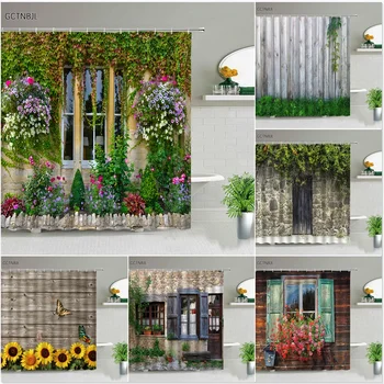 Háttér dekoráció Zuhanyfüggönyök Vidéki utcai virág Zöld növény Táj szövet Mosható retro fürdőszoba képernyő horgokkal