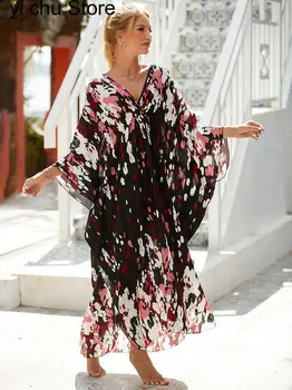 Új elegáns strandruha női fürdőruha borítók hosszú ruhák nyomtatása Nyári kirándulás női ruházat Mély V-nyakú takaró strandruházat