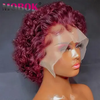 13×1 T-Part csipke elülső parókák Rövid göndör pixie szabású HD csipke elülső paróka nőknek természetes színű, előre kitépett brazil Remy haj