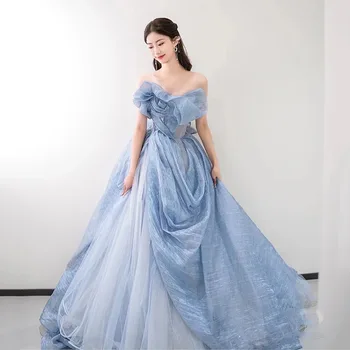 Nők kék hosszú báli ruhák A-vonalú estélyi ruha formális cső felső partiruha Vestidos De Fiesta