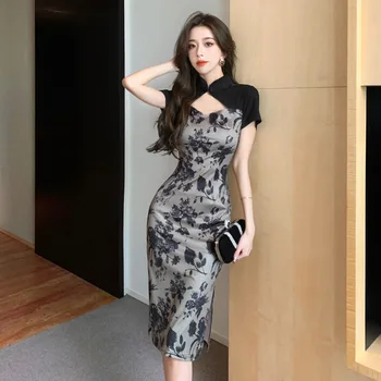 Nők Kínai stílusú elegáns nyomtatás Split Qipao Retro Slim Cheongsam Divat Francia Szexi Hölgy Party Estélyi ruha Vintage Vestidos