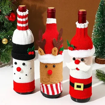 Karácsonyi borosüveg fedő készlet Mikulás hóember szőtt borosüveg táskák karácsonyi partihoz Vacsoraasztal dekorációk Újévi ajándékok