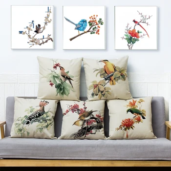 Madarak mintás párnahuzat dekoráció virágfa növény állat párnahuzat poliészter dobópárnahuzat kanapéhoz 45x45cm