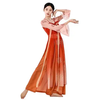Klasszikus táncjelmez nőknek Han és Tang dinasztia Kínai stílusú színpadi ruha, elegáns és hosszú hálós ruhával