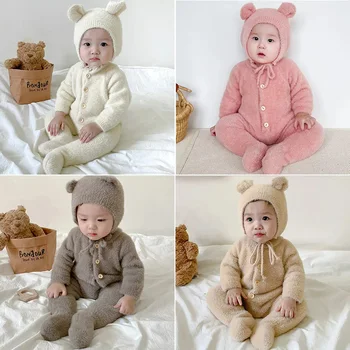 Faux Fur Newborn Romper lányoknak Fiú ruhák Téli jumpsuit kalap szett 2DBS baba body, puha, meleg kisgyermek csecsemő ruha koreai
