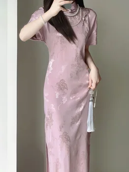 2023 Új rózsaszín zöld hosszú Cheongsam karcsú vintage hosszú ruha Kínai stílusú hagyományos jelmezek Egyrészes ruhák S2400