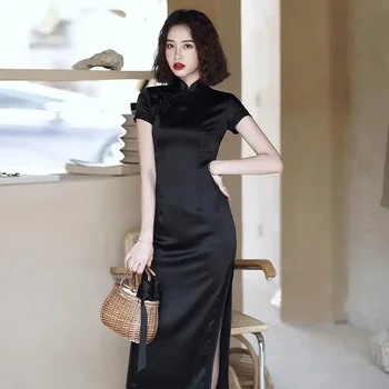 Vintage fekete állvány gallér oldalsó hasított rövid ujjú Cheongsam ruha női Vestidos Elegantes para Mujer keleti bankett ruha