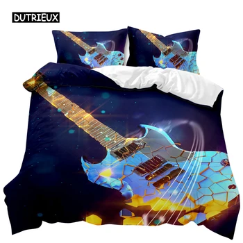 Gitár paplanhuzat szett Twin Rock Music Comforter borító szett Hip Hop hippi paplanhuzat Kék gitár poliészter ágynemű szett tininek