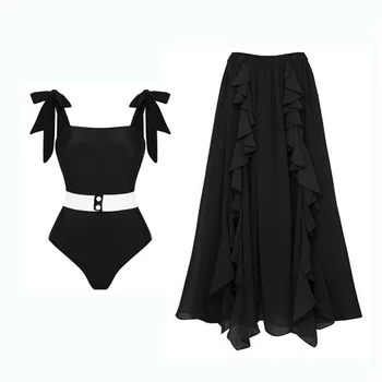 Fekete nyakkendő-váll egyrészes fürdőruha nőnek 2023 Új megfordítható vintage fürdőruha női monokini strandszoknya fürdőruha