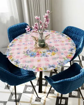 Húsvéti nyuszi rózsaszín kockás virágok kerek, rugalmas szélű asztalvédő Szövet vízálló poliészter téglalap alakú terítő