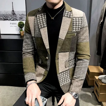 Férfi gyapjú blézer 2023 őszi téli gyapjú meleg kockás gyapjúkabát streetwear alkalmi slim fit kabát kabát divat férfi ruházat