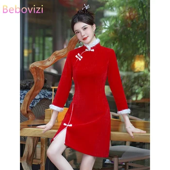 Kínai Red Tang Cheongsam újév CNY Qipao téli sűrített ünnepi retro ruha női ruháknak