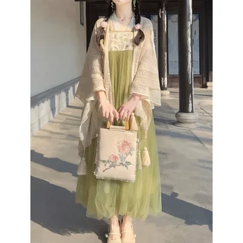 Elegáns zöld virágok hímzett csipke hanfu ruha bézs kendővel Kínai hagyományos ruházat lányoknak Édes Lolita ruhák