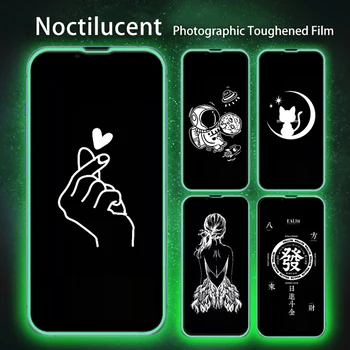 Noctilucent edzett üveg képernyővédő fólia iPhone 14 Plus 13 Pro Max 12 készülékhez 11 x XR XS rajzfilm árnyékvédő aranyos védő teljes borítóval