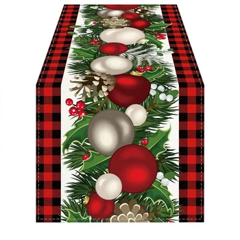 Vászon piros és fekete kockás kockás karácsonyi asztali futó 72 hüvelyk hosszú szezonális téli karácsonyi asztaldísz