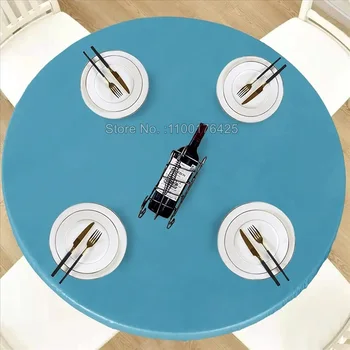 Tömör kék kerek vízálló asztalhuzat konyhai esküvői dekorációhoz Egyszínű terítő rugalmas szélű védőasztallal